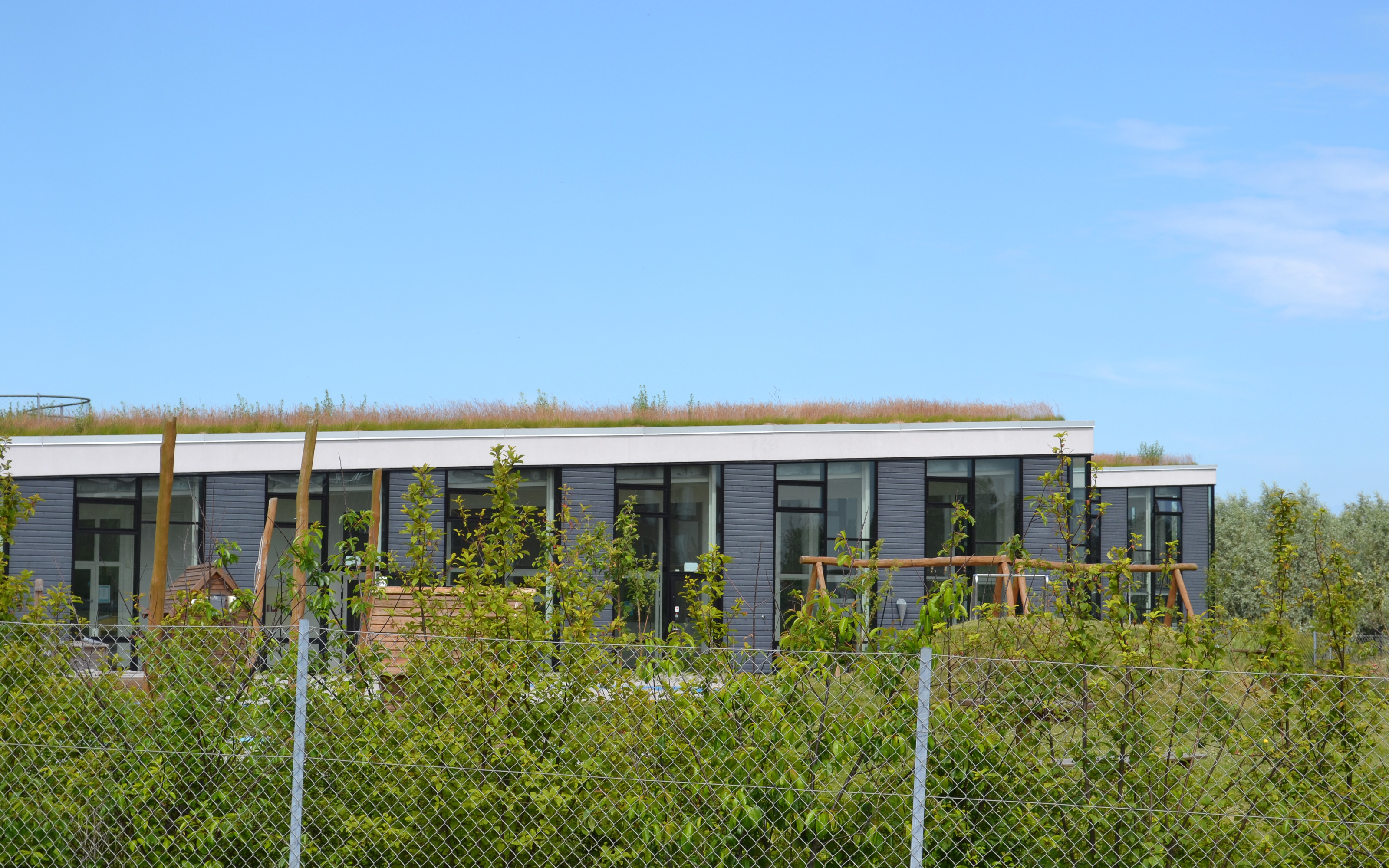 The green roof is well visible even from the garden. Building with green roof